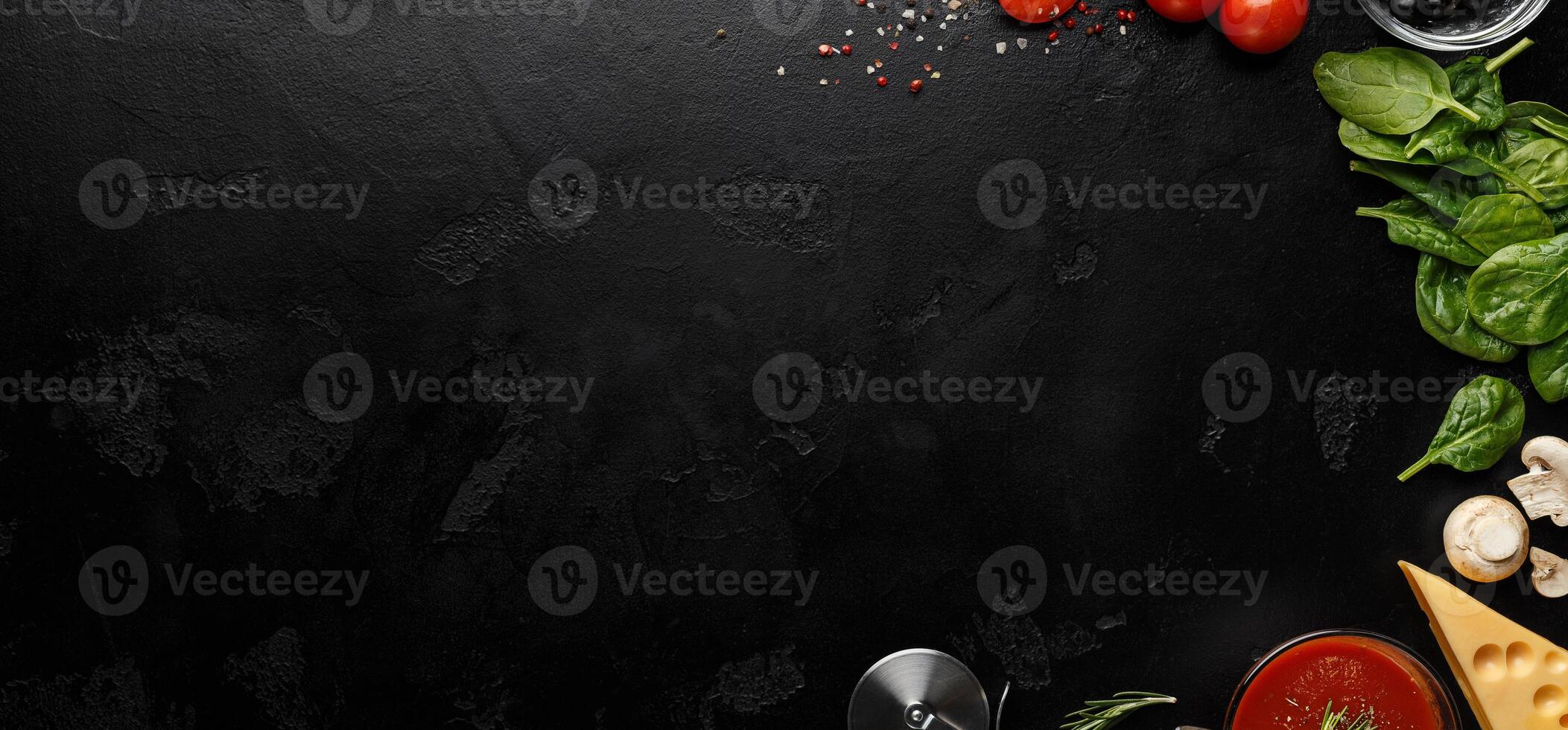 Space For Recipe. Pizza Cooking Ingredients On Black Background, Top View photo