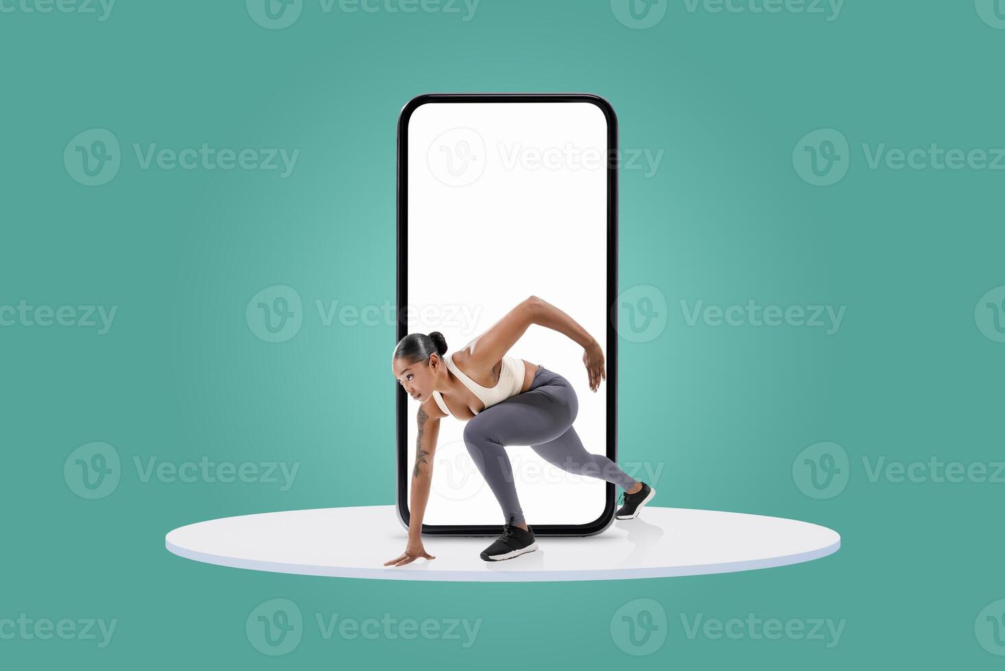 A fit person is in an athletic pose, seemingly emerging from a large smartphone on a bright and cheerful backdrop, conveying a sense of energy and dynamism. photo