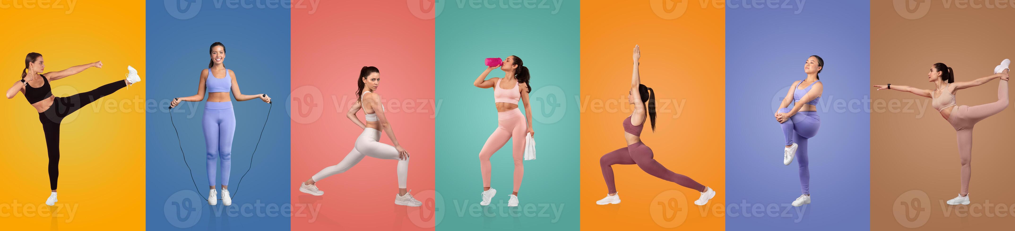 A series of fitness poses captures a woman engaged in various strength and flexibility exercises, set against vibrant colored backdrops, highlighting her athleticism and dedication. photo