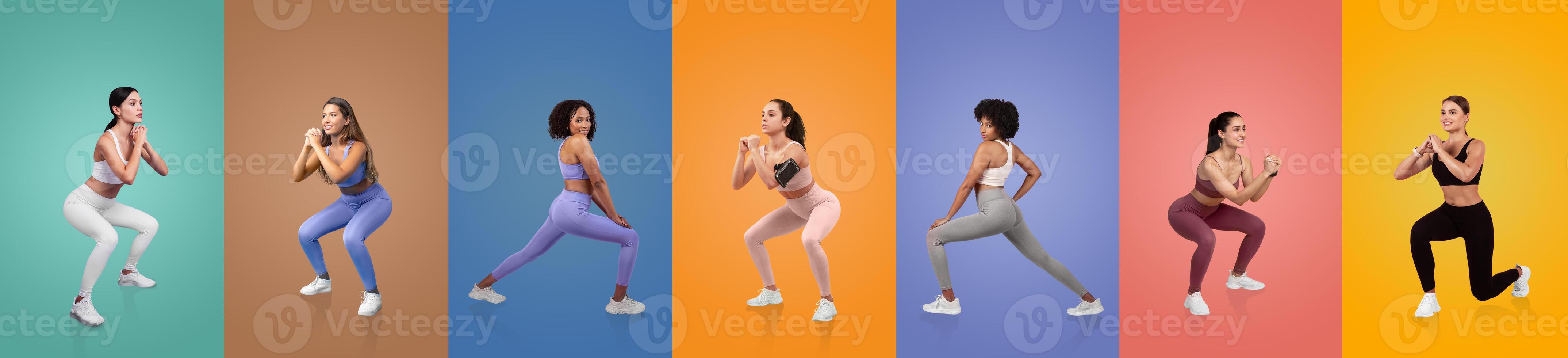 A group of women demonstrates different squat exercises in stylish workout attire. Each participant showcases a unique form, highlighting fitness and strength against vibrant backdrops. photo
