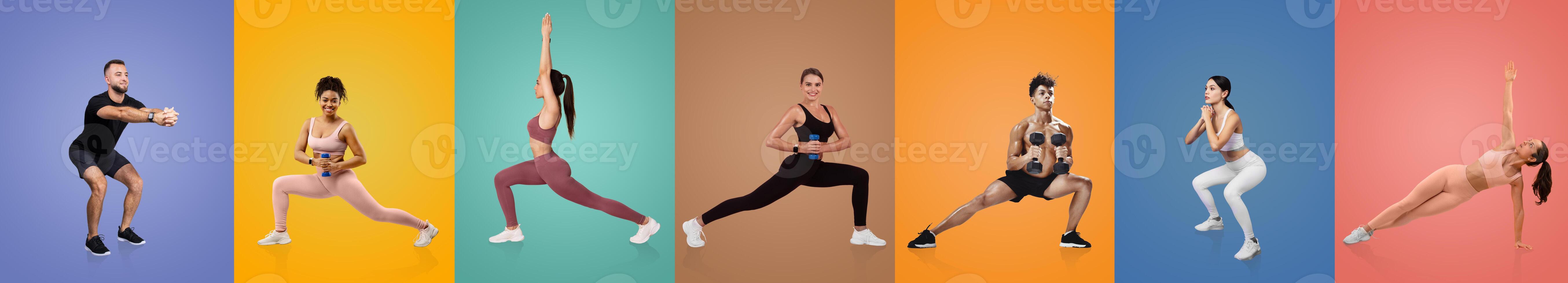 A diverse group of individuals showcases different exercises in a vibrant workout setting. Each person highlights a unique fitness pose, emphasizing strength and flexibility. photo
