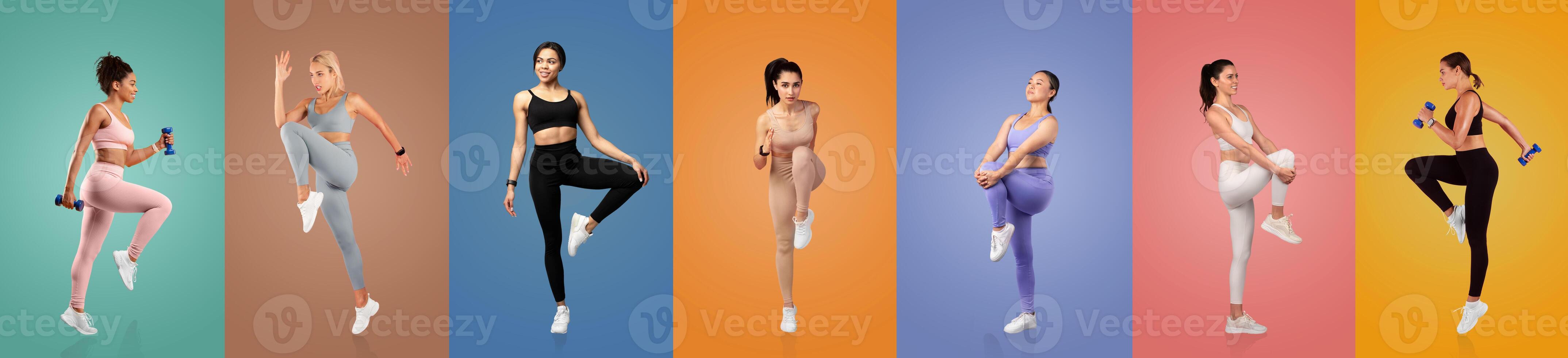 A group of women showcases various exercises using dumbbells against vibrant backgrounds. Each woman demonstrates a unique workout pose, highlighting strength and fitness. photo