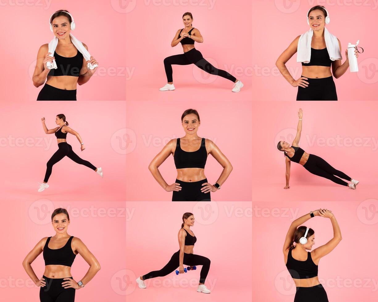 A fitness enthusiast demonstrates a range of exercises, including lunges, stretches, and cardio moves, while wearing a sleek workout outfit. The vibrant pink background adds energy. photo