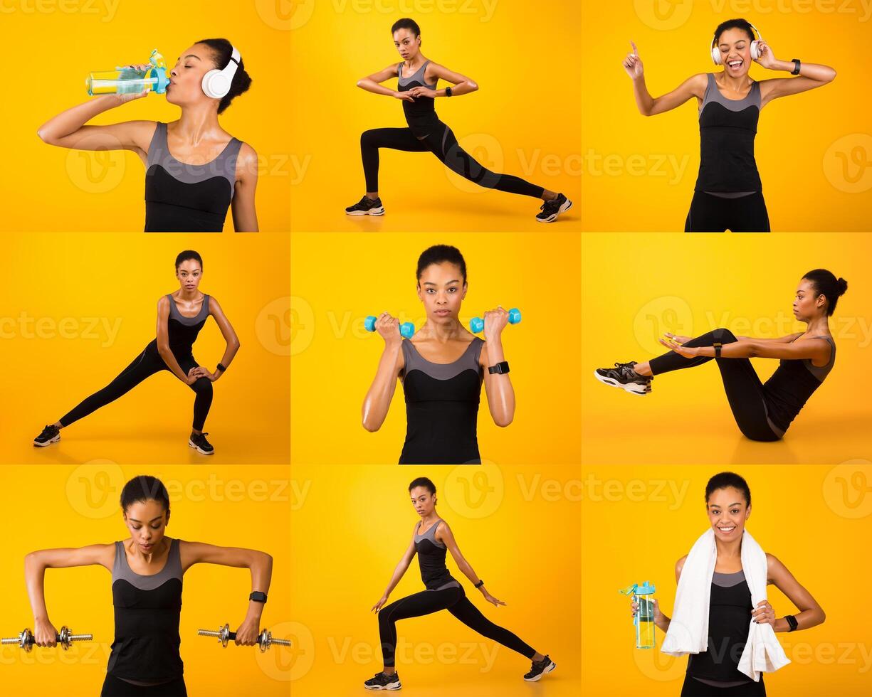 A young black woman engages in a series of workout routines, including lunges and weightlifting, while enjoying water, all set against a vibrant yellow backdrop. photo