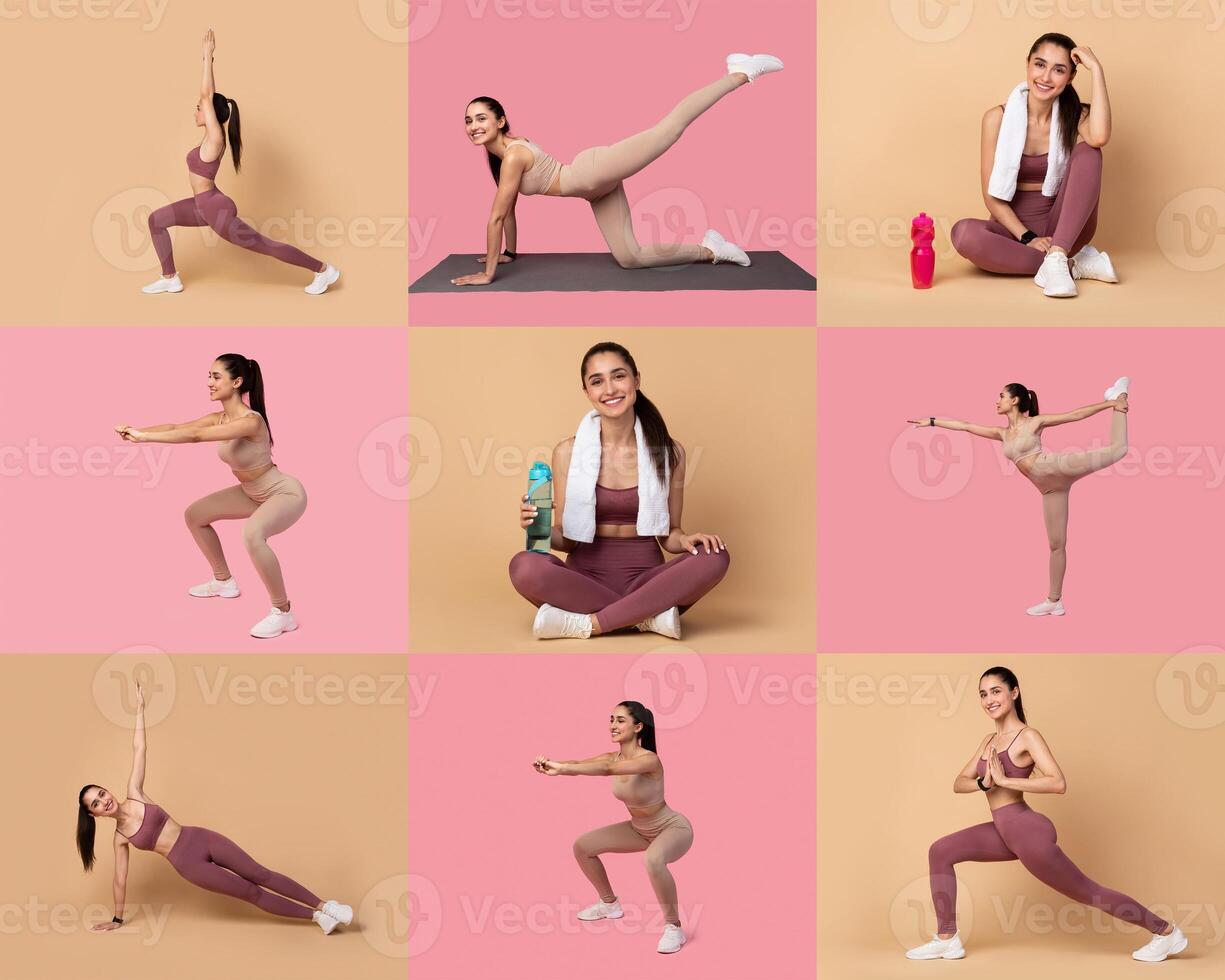 A fitness enthusiast showcases a range of workout poses on a mat, surrounded by pink and beige backgrounds. She is focused on stretching, balancing, and strength exercises. photo