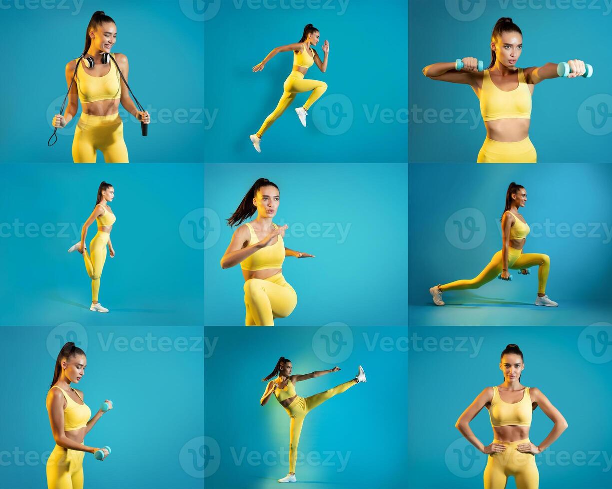 A woman wearing yellow activewear performs different exercises, including jumping rope, lunging, and weightlifting, against a bright blue background, showcasing her fitness routine. photo