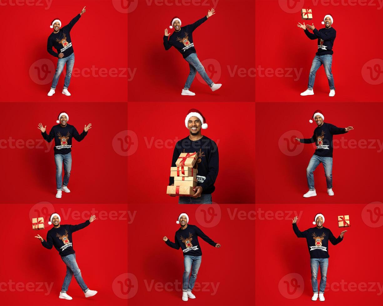 A joyful black guy wearing a Santa hat and festive sweater poses against a vibrant red background. He displays various playful expressions while holding wrapped gifts during the holiday season. photo
