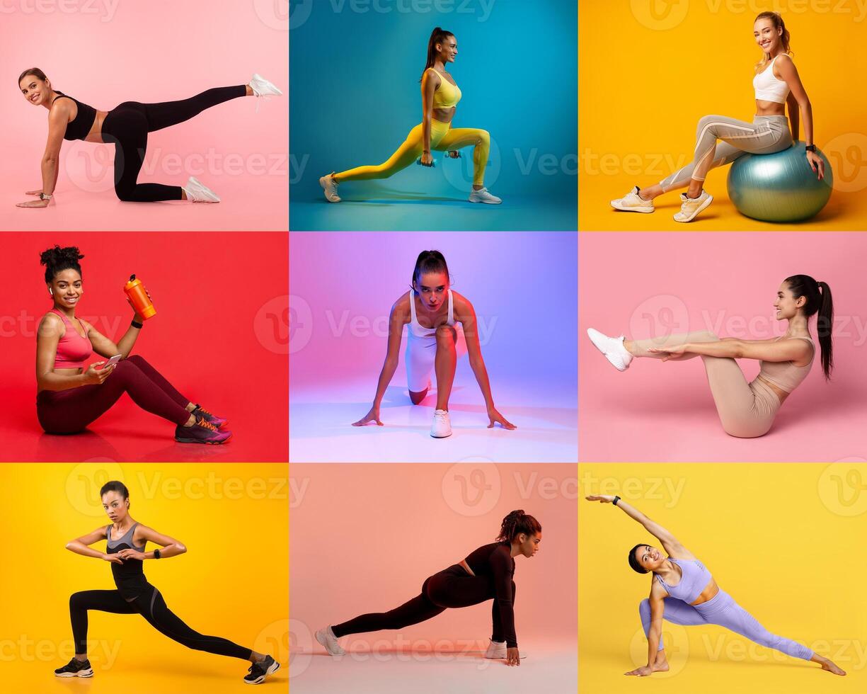 Nine women engage in different workouts across vibrant backgrounds, showcasing strength and flexibility. They demonstrate exercises that promote health and fitness during a lively session. photo