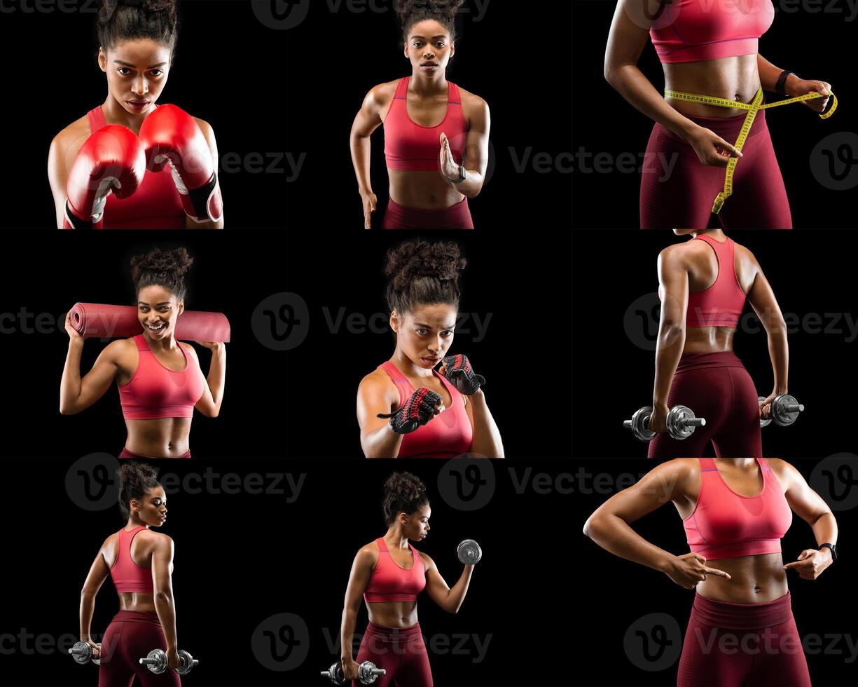 African American woman in athletic attire demonstrates different fitness exercises, including boxing, weightlifting, and measuring her waist, reflecting her commitment to health and fitness. photo