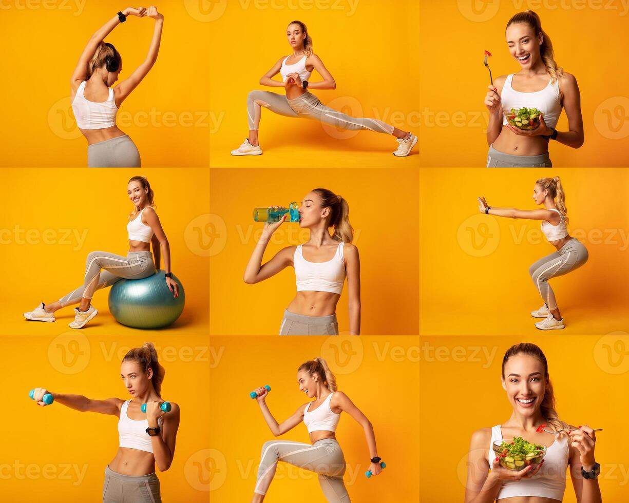 A woman practices various fitness activities and enjoys healthy meals. She engages in exercises like stretching, weightlifting, and yoga while promoting healthy eating habits with colorful dishes. photo