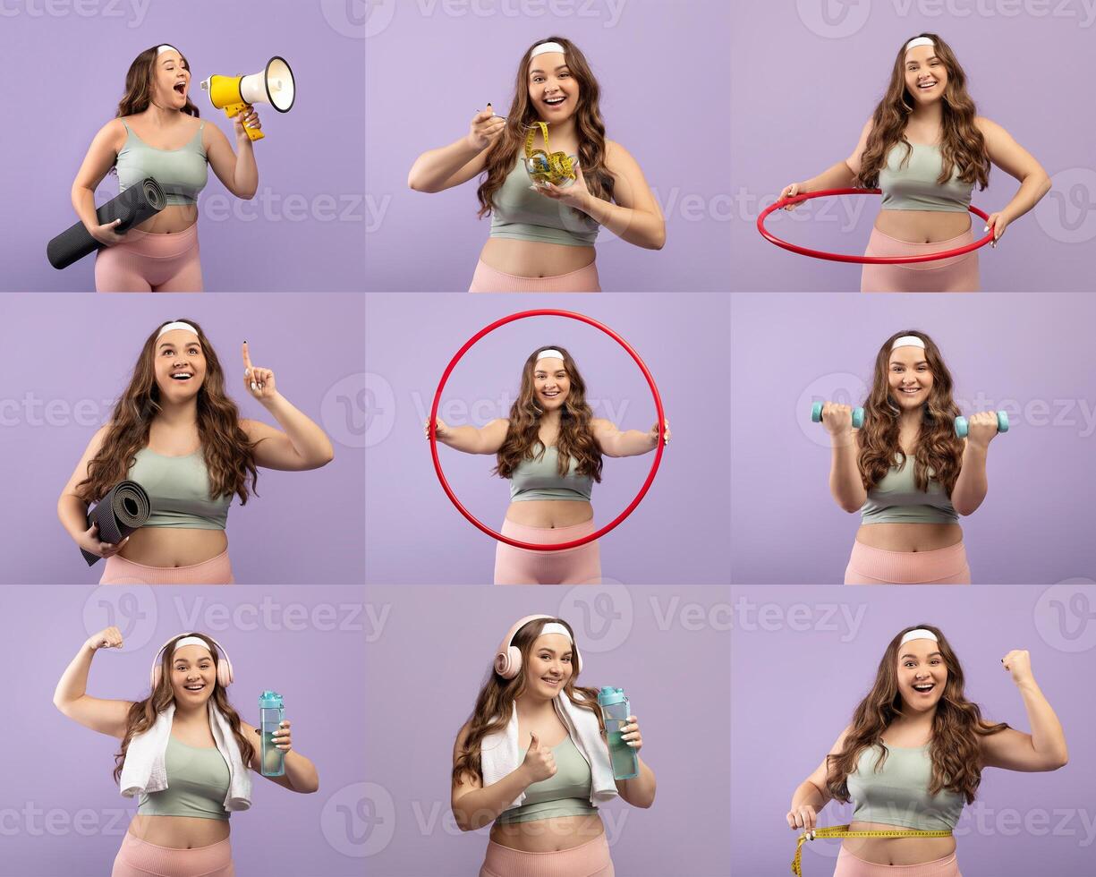 A joyful overweight lady engages in various fitness activities, showcasing enthusiasm while using props like a hula hoop and dumbbells, encouraging a vibrant lifestyle and positivity. photo