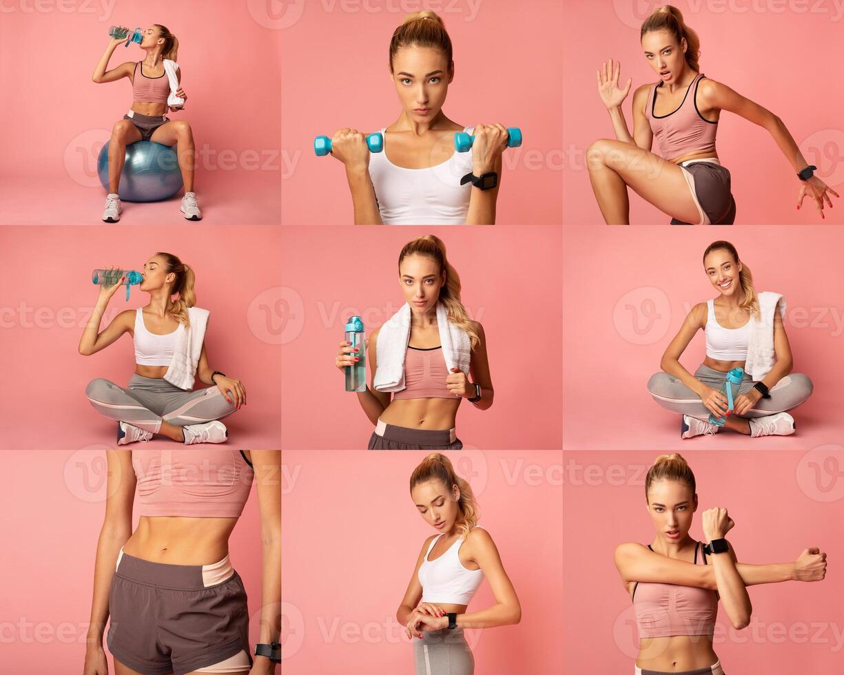 A young woman performs multiple exercises using dumbbells and a water bottle, showcasing her fitness routine in a bright, playful setting with a pink backdrop, highlighting her dedication to health. photo