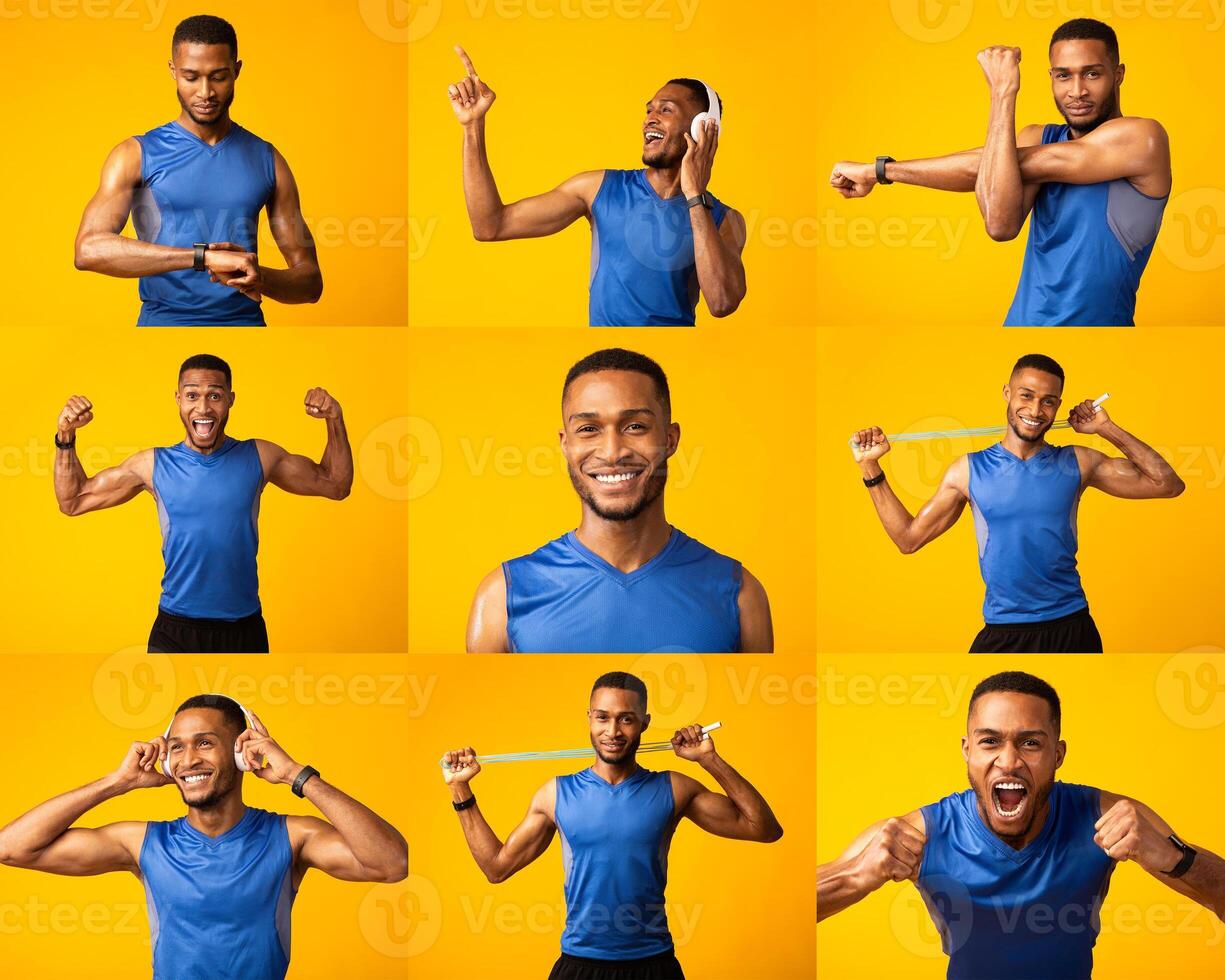 The cheerful young black man performs a series of fitness routines, showcasing strength and agility. His expressions and movements demonstrate enthusiasm for a healthy lifestyle and exercise. photo