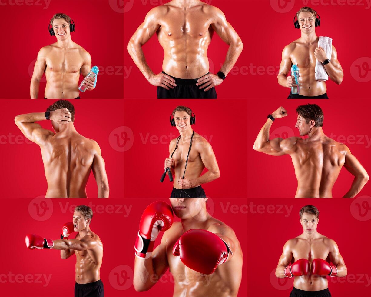 A fit athlete poses in different stances while holding a water bottle, towel, and boxing gloves, showcasing strength and determination in front of a vibrant red backdrop. photo