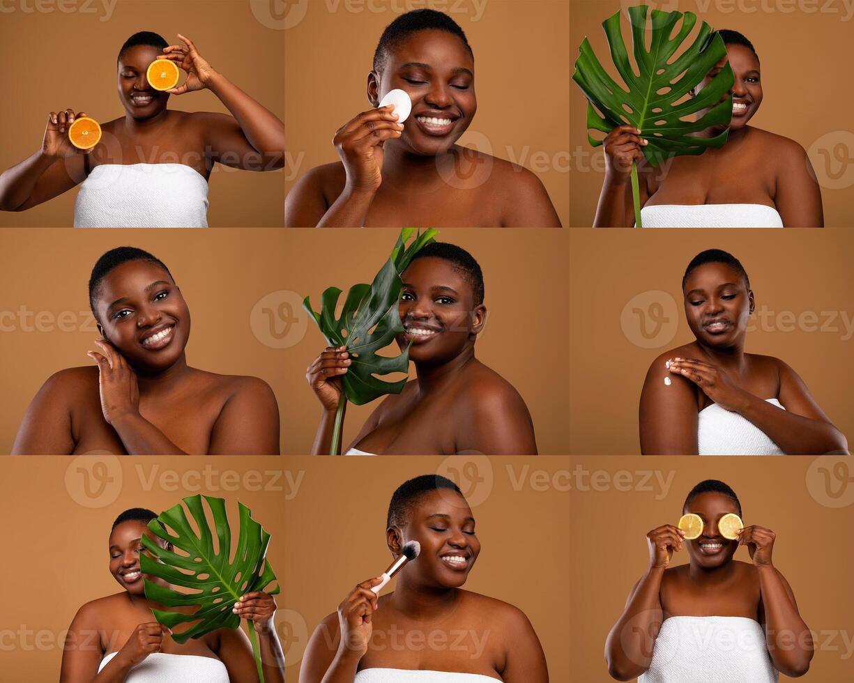A joyful African American obese woman demonstrates her skincare routine using natural elements like citrus fruits and leaves. The warm-toned backdrop enhances her radiant smile and healthy skin. photo