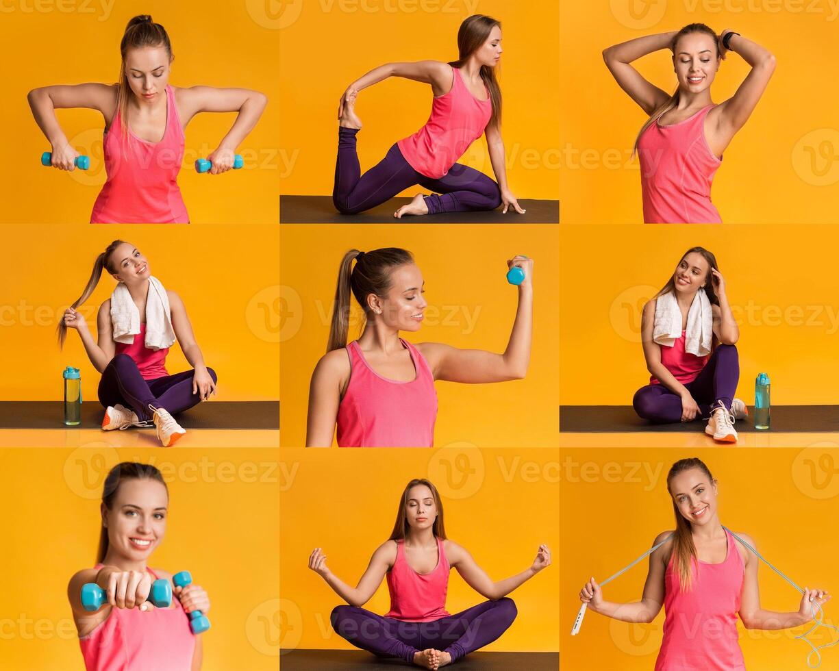 A passionate individual showcases different workout routines in a bright, cheerful setting, highlighting strength training and flexibility with dumbbells and stretches. photo
