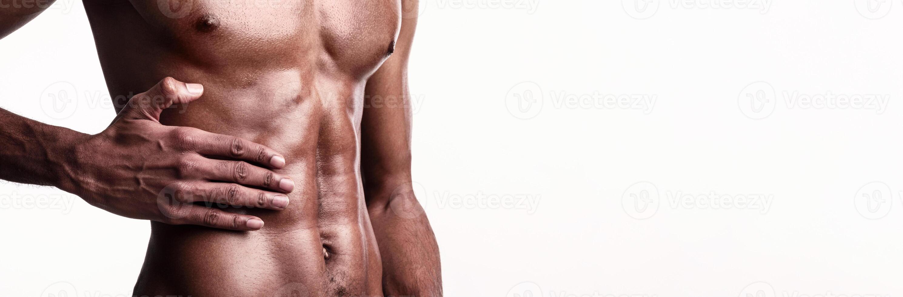 Abs Muscle Pain. Unrecognizable Bodybuilder Touching Aching Abdominal Muscles Standing Over White Studio Background. Cropped, Panorama photo