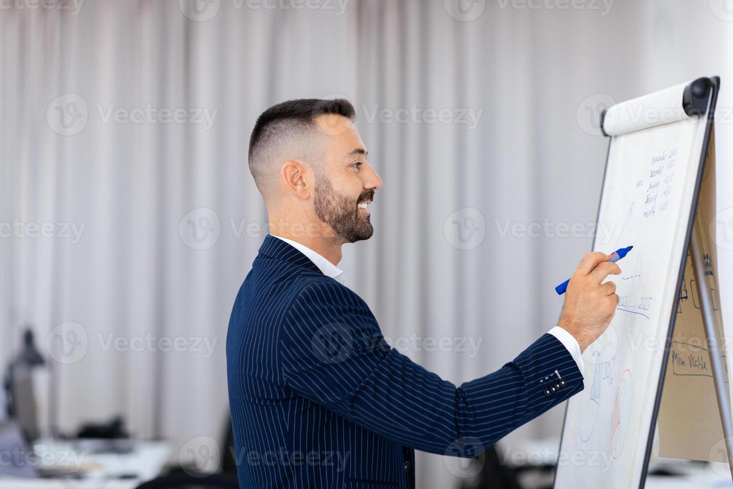 A professional man stands beside a flip chart, enthusiastically explaining concepts to an attentive audience at a corporate meeting in a contemporary office setting. photo