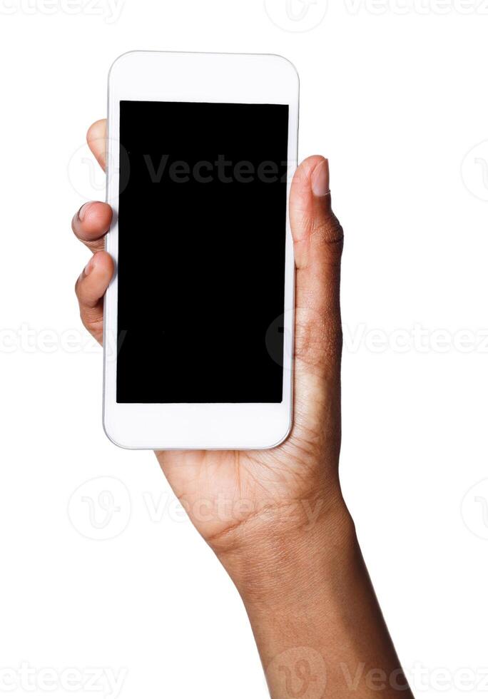 African-american female hand holding mobile smart phone with blank screen, isolated on white background. Copy space for advertisement of mobile app, mockup photo