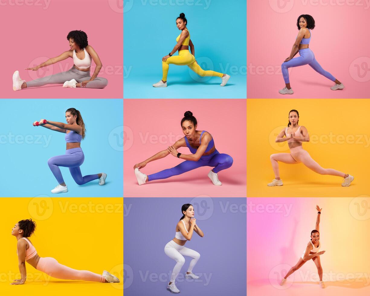 A group of women stretch and exercise across vibrant pastel backgrounds, showcasing different fitness poses and exercises, highlighting movement and energy in a playful setting. photo