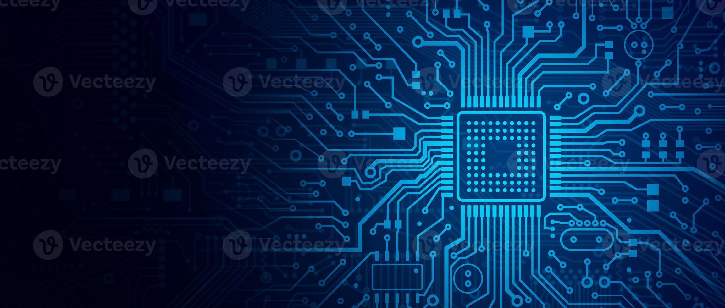 Illustration of computer processor chip on circuit board, empty space. Panorama photo