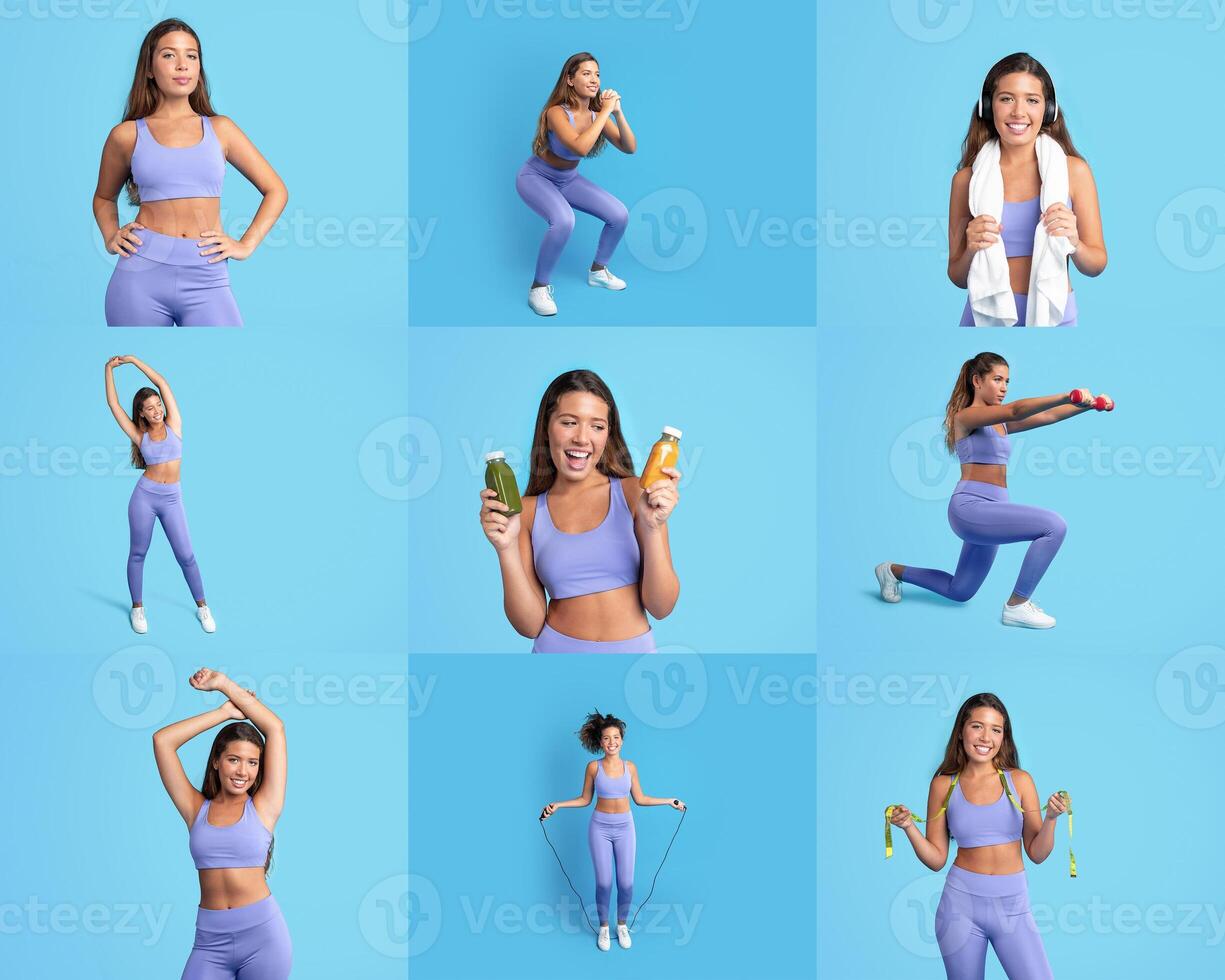 A woman showcases different fitness activities, including squats and stretches, while smiling confidently. She holds weights and a towel, exhibiting a vibrant workout atmosphere. photo