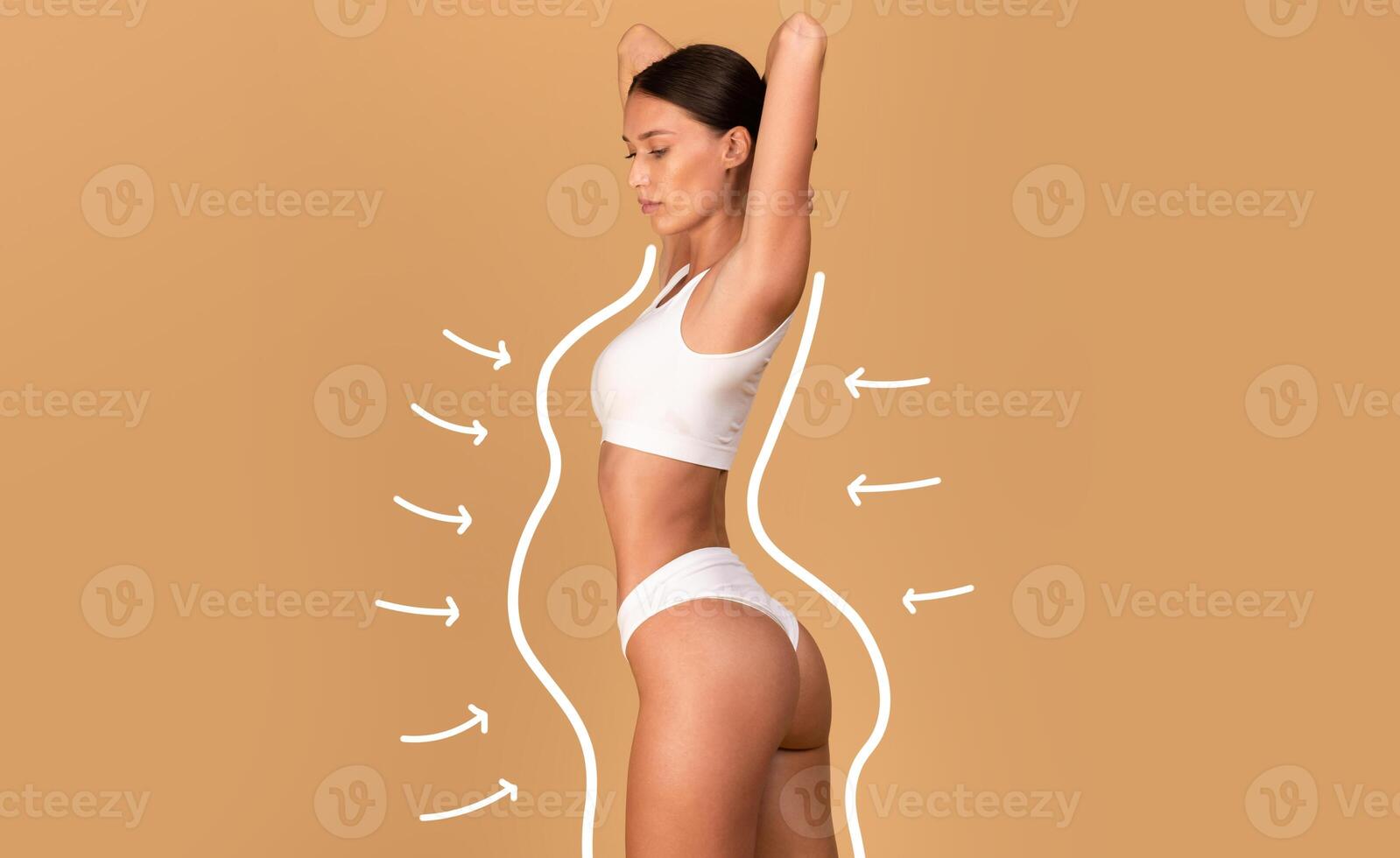 Liposuction concept. Drawn outlines with arrows around fit lady in white underwear, slender woman with perfect figure posing over beige studio background, collage photo
