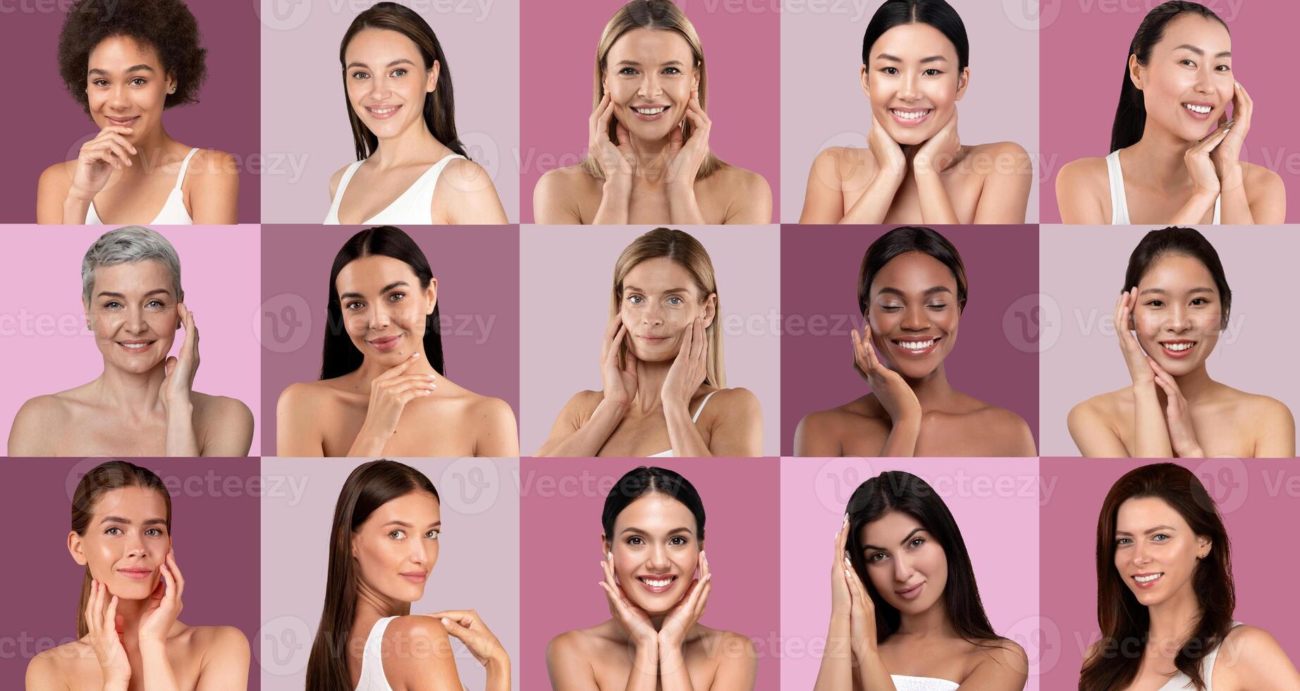 Sixteen women of various backgrounds participate in a skincare workshop, demonstrating beauty techniques and sharing smiles against a colorful backdrop. The atmosphere is vibrant and inviting. photo