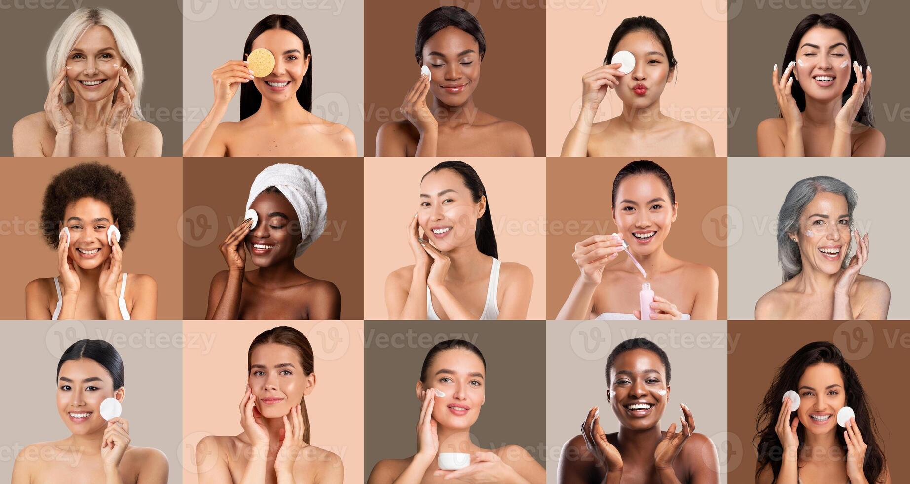 A diverse group of women from various backgrounds smiles while applying skincare products. The cozy atmosphere highlights their joy and commitment to self-care and beauty rituals. photo