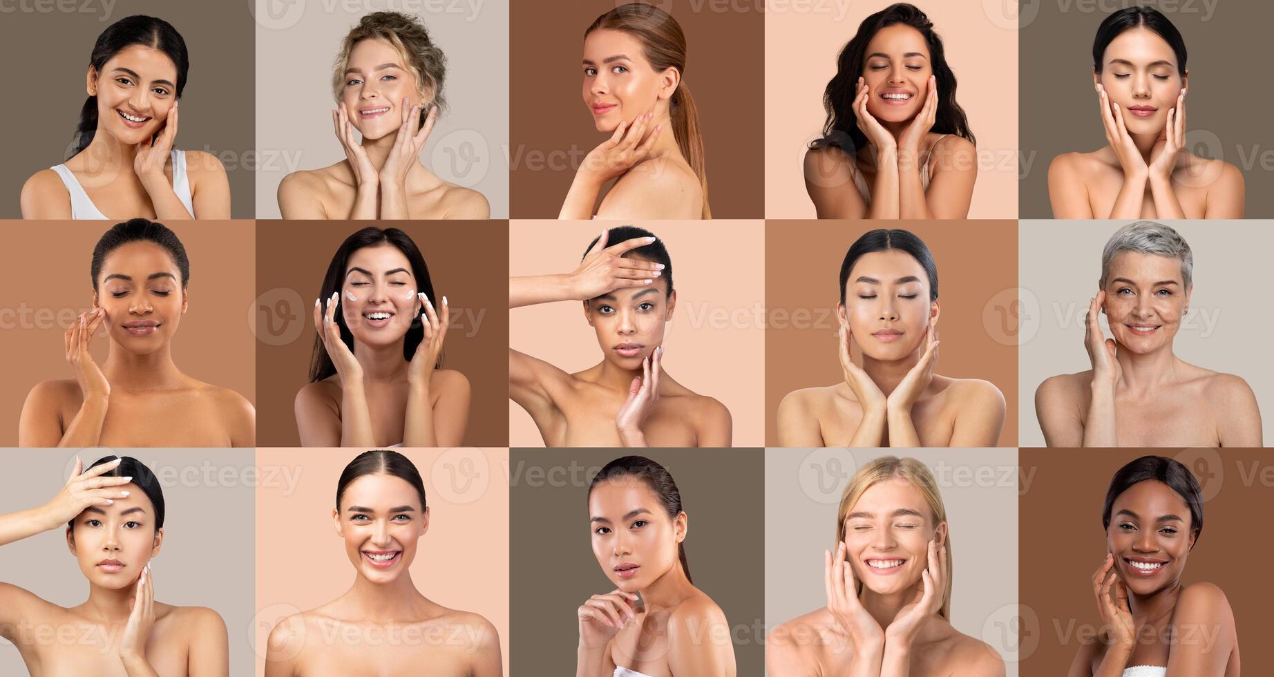 A diverse collection of women displays their natural beauty while engaging in skincare routines. Each individual brings a unique expression of confidence and self-care. photo