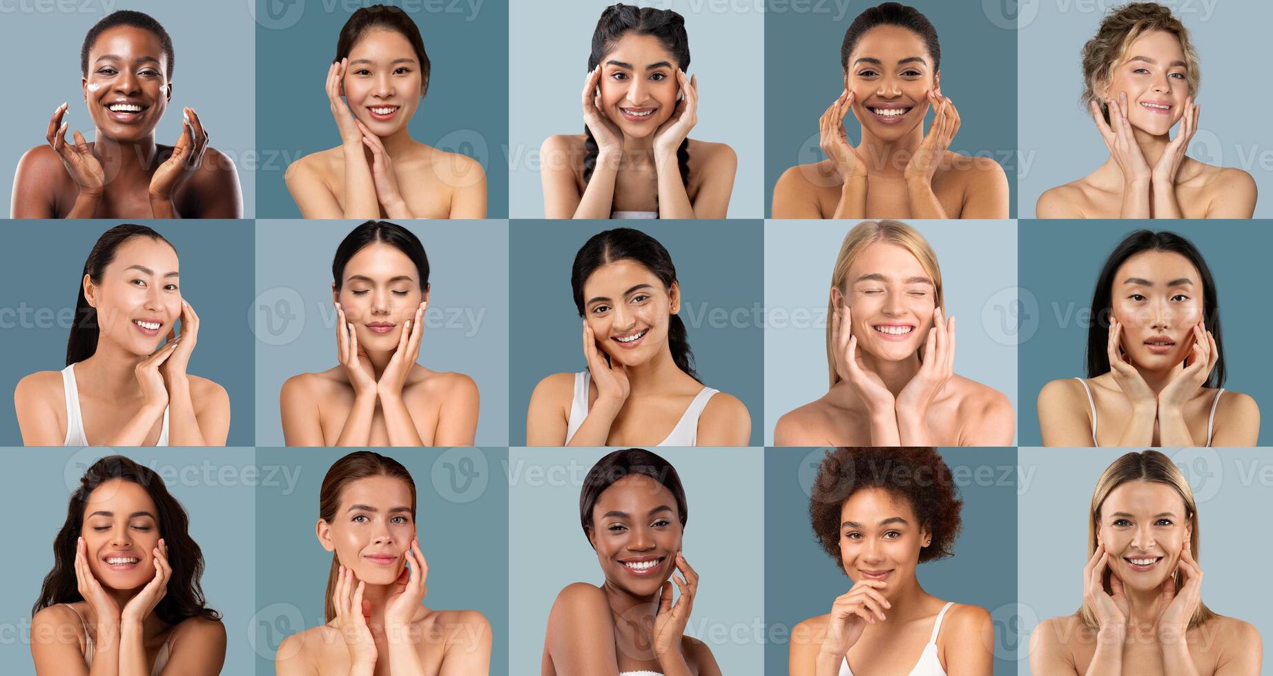 A vibrant collection of women from diverse backgrounds smiling and applying skincare. Each woman poses with hands on their face in a bright, cheerful environment, highlighting beauty and self-care. photo