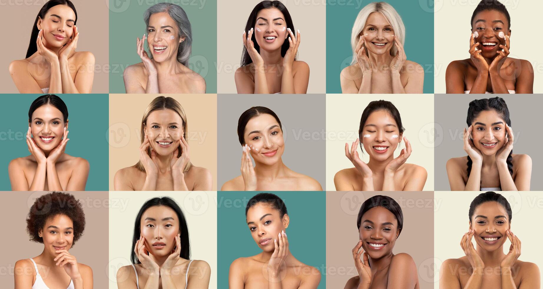 A group of women from various backgrounds showcase skincare routines and beauty expressions, highlighting joy and self-care in a colorful studio environment filled with natural light. photo