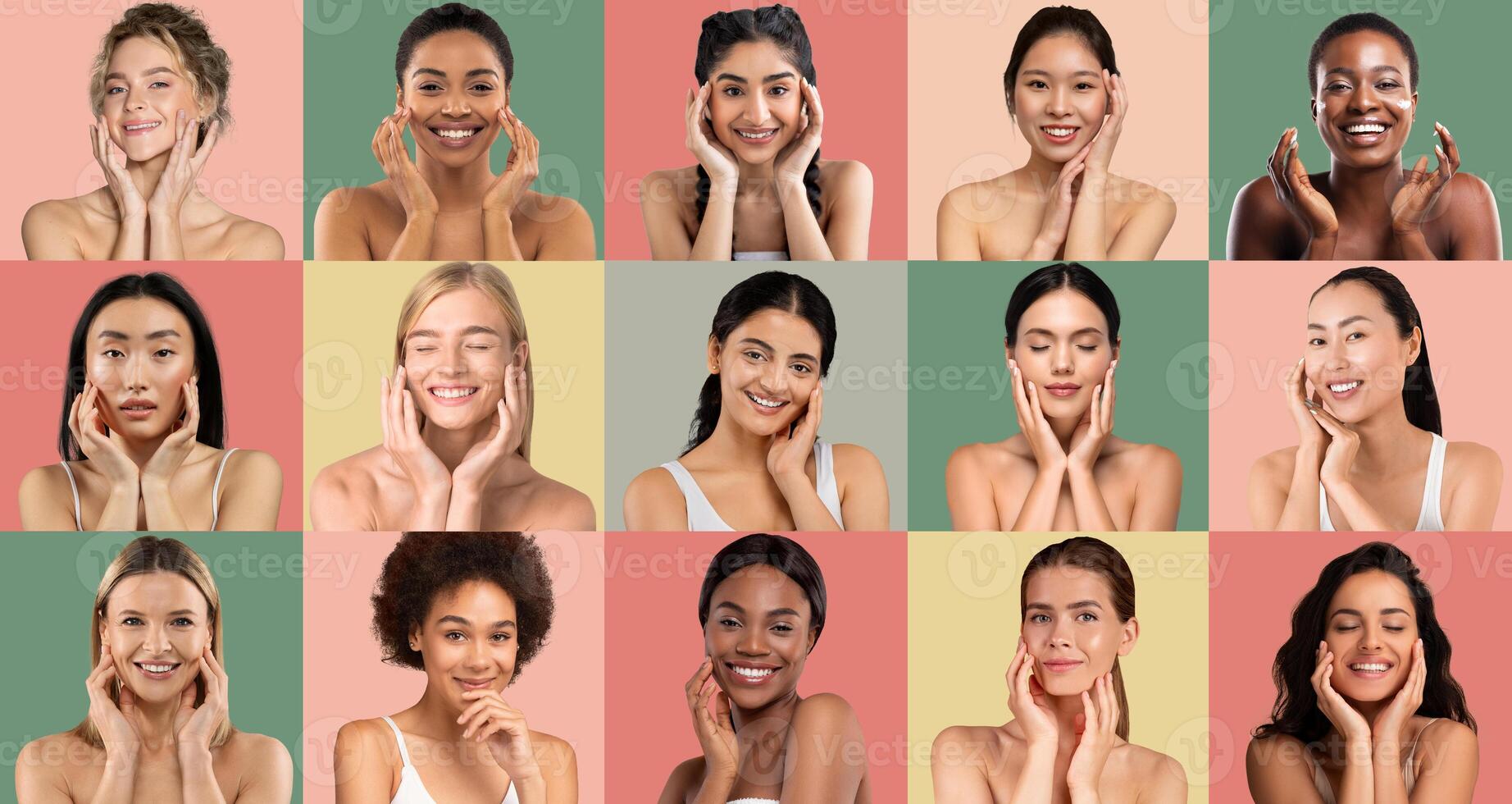 A collection of women from various backgrounds demonstrates skincare routines with joyful expressions. The colorful backdrop emphasizes their unique beauty and positivity during the activity. photo