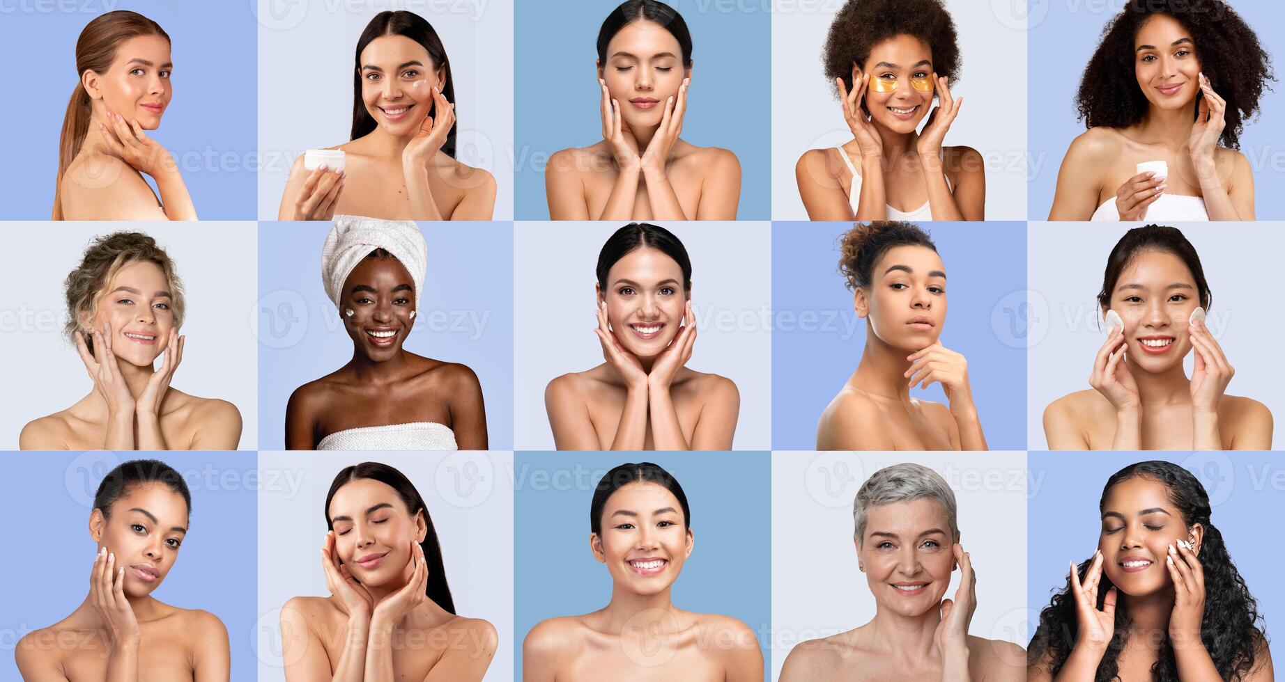 A group of women from different backgrounds engages in skincare routines, expressing happiness and confidence. Each person displays unique skin types and practices, showcasing diversity. photo