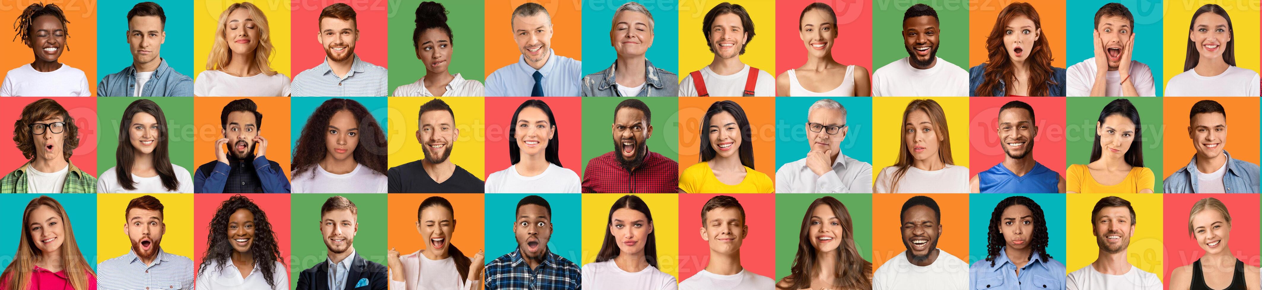 Human Emotions And Mood. Series of multiethnic people faces and portraits on studio background, panorama. Diverse men and women grimacing. Composition of different facial expressions and avatars photo