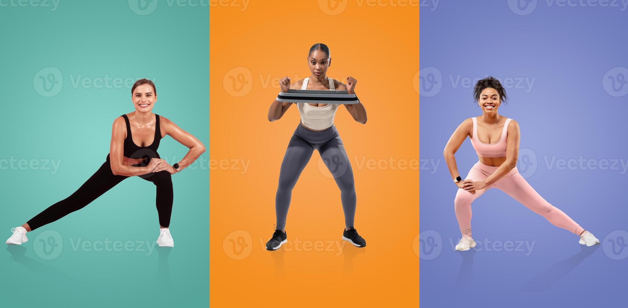 Three women perform various fitness activities against bright backgrounds. They show different exercises, showcasing strength, flexibility, and enthusiasm for a healthy lifestyle. photo