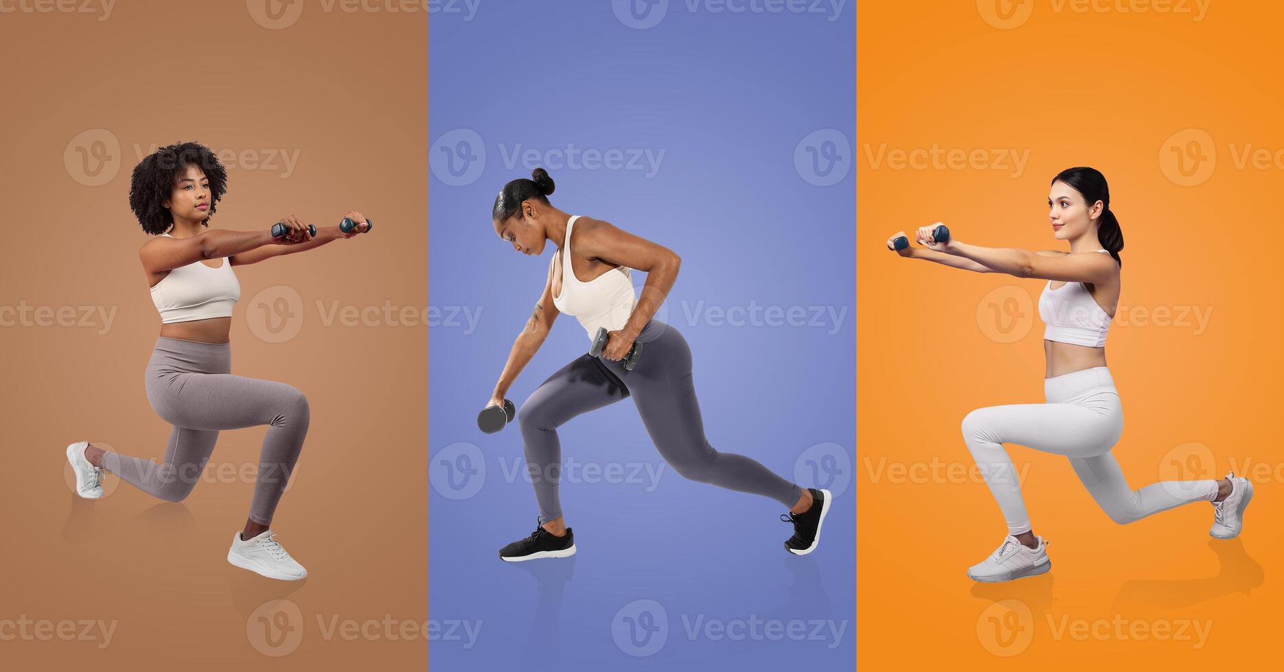 Three women perform strength training exercises using dumbbells. Each is focused on their workout, showcasing different routines against colorful backgrounds. photo
