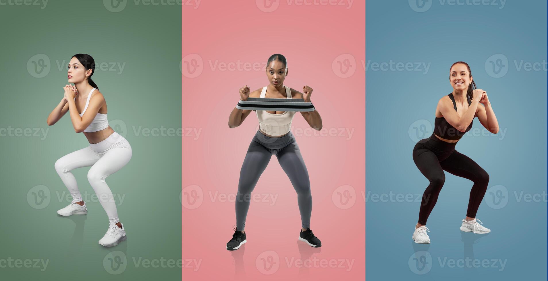 Three women demonstrate different squat variations in a vibrant studio, showcasing strength and fitness. Each athlete wears unique workout attire and maintains proper form for effectiveness. photo