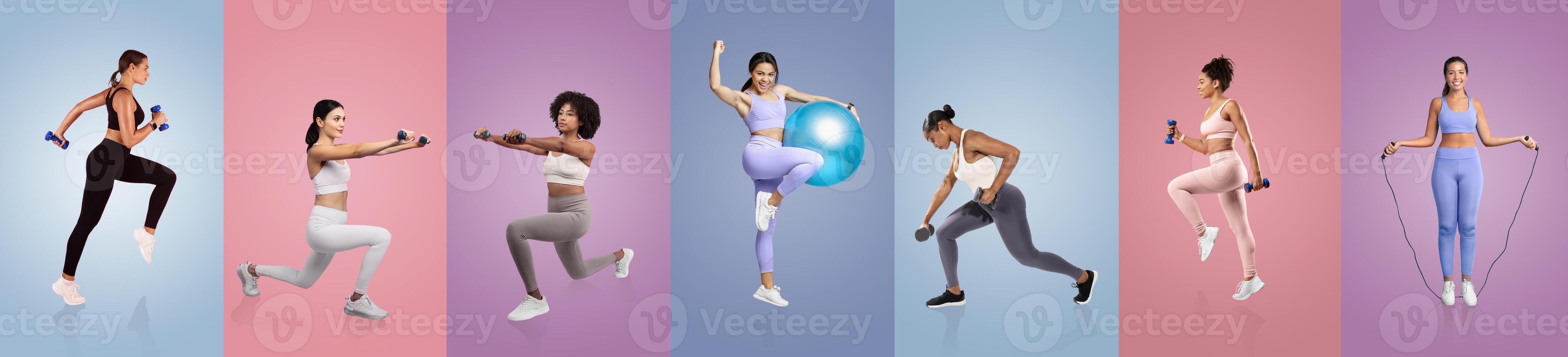 A group of energetic women participates in various fitness exercises, showcasing strength and flexibility in vibrant, colorful settings during daytime workouts. photo