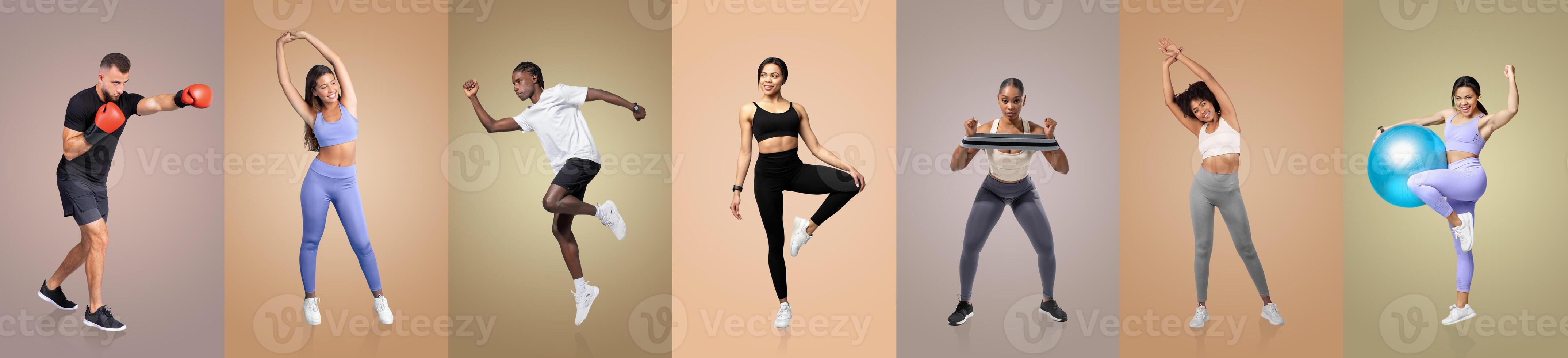 A group of individuals engaged in different exercise routines in a modern indoor fitness environment. Each person highlights unique movements, emphasizing fitness and wellness. photo