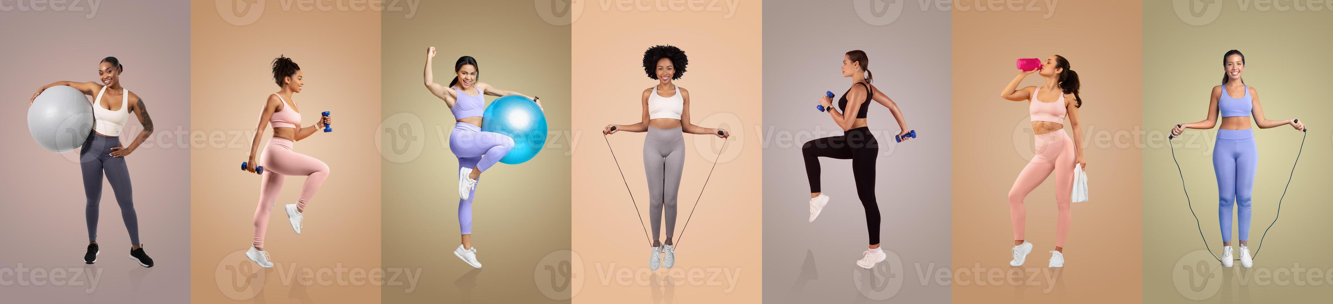 A group of women participate in various fitness activities using equipment like exercise balls, dumbbells, and jump ropes against vibrant, soft-toned backdrops. photo