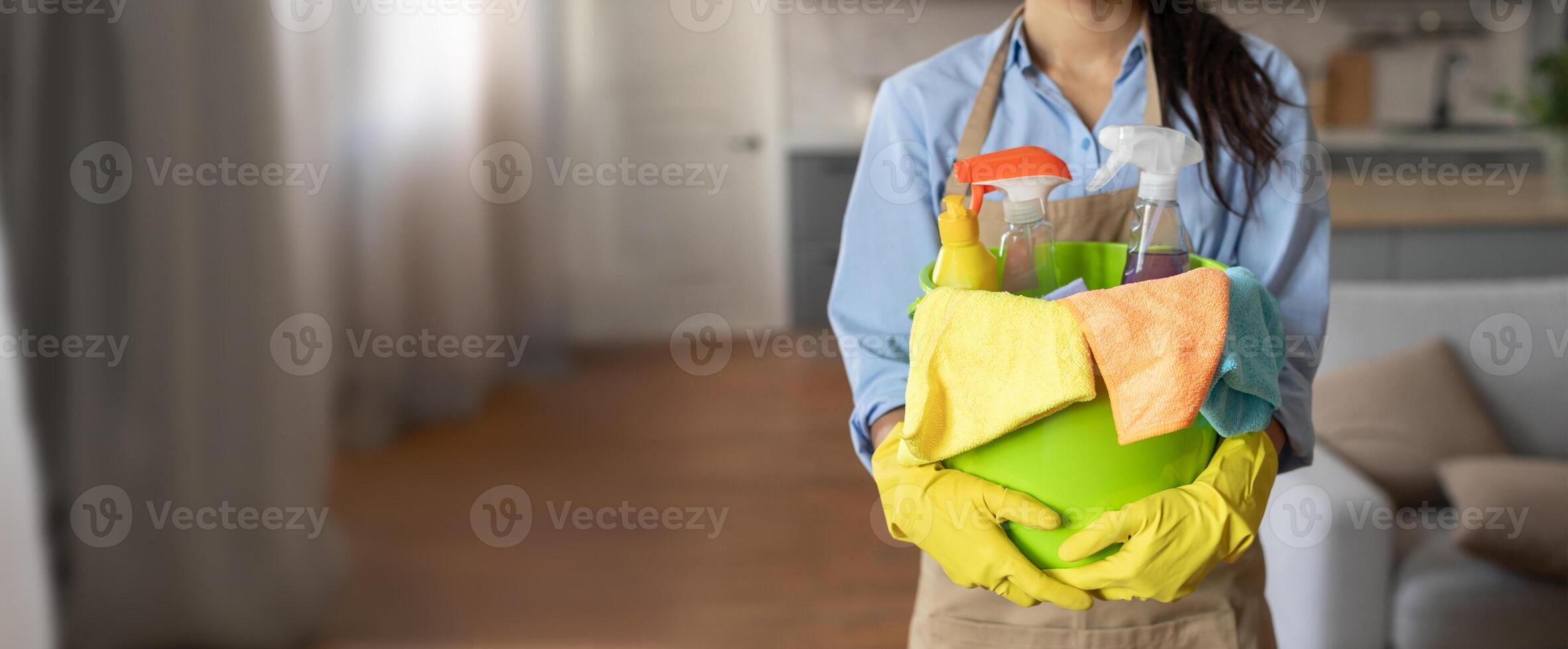 The individual in gloves carries a vibrant green container filled with cleaning tools and supplies while preparing to clean a well-lit living space with soft furnishings. photo
