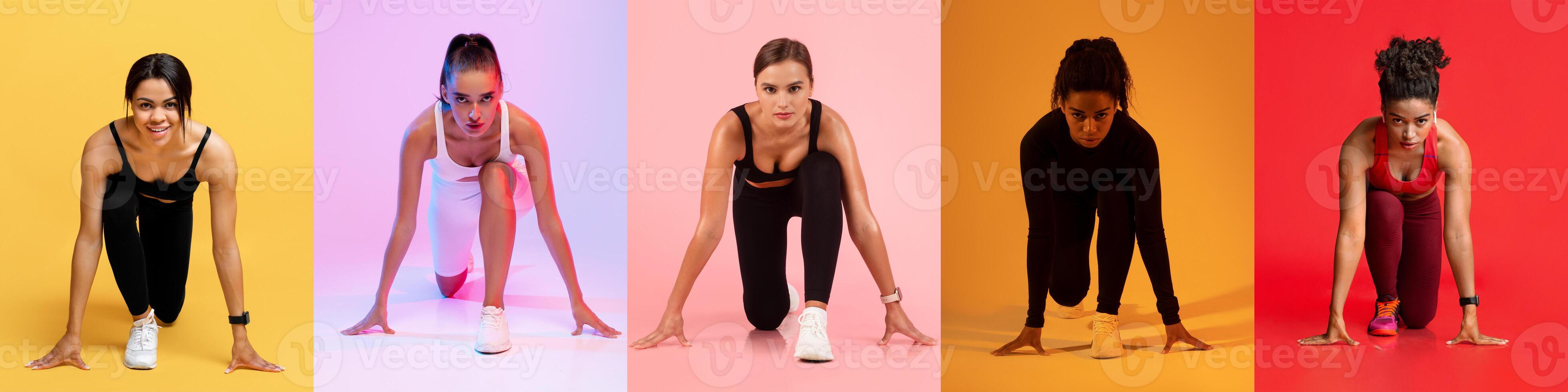 Five women are captured in dynamic starting positions on colorful backgrounds, showcasing strength and determination as they prepare for a race, each highlighting individual athleticism and spirit. photo