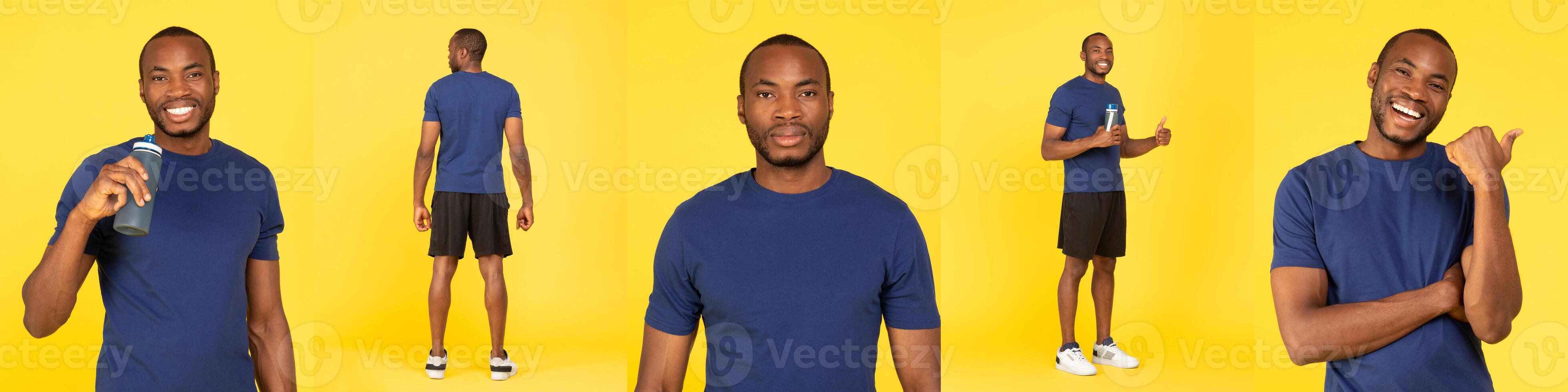 African American man stands confidently in various poses against a vibrant yellow background. He smiles and showcases relaxation, holding a beverage, reflecting a joyful mood and athletic vibe. photo