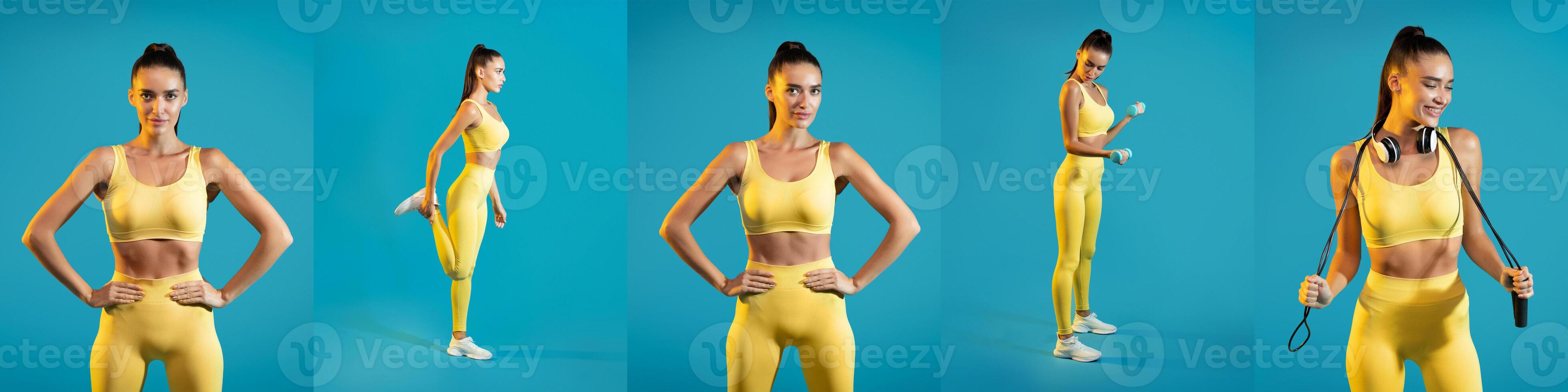 A woman dressed in a bright yellow workout outfit demonstrates various fitness poses against a vibrant blue background. She showcases strength and flexibility through different movements. photo