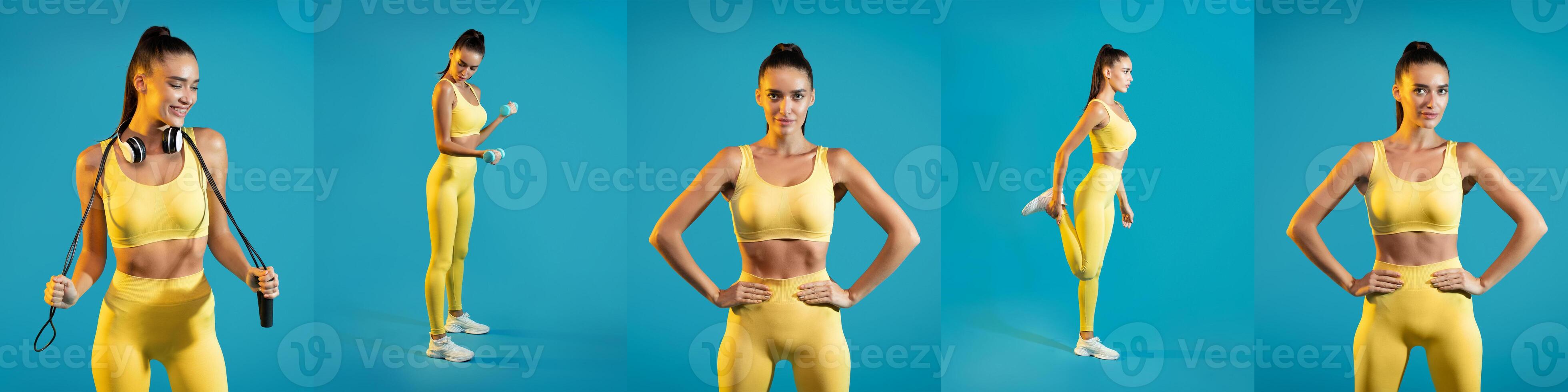 A woman dressed in yellow workout gear performs various fitness exercises in a bright studio. She showcases strength and flexibility with different props and poses. photo