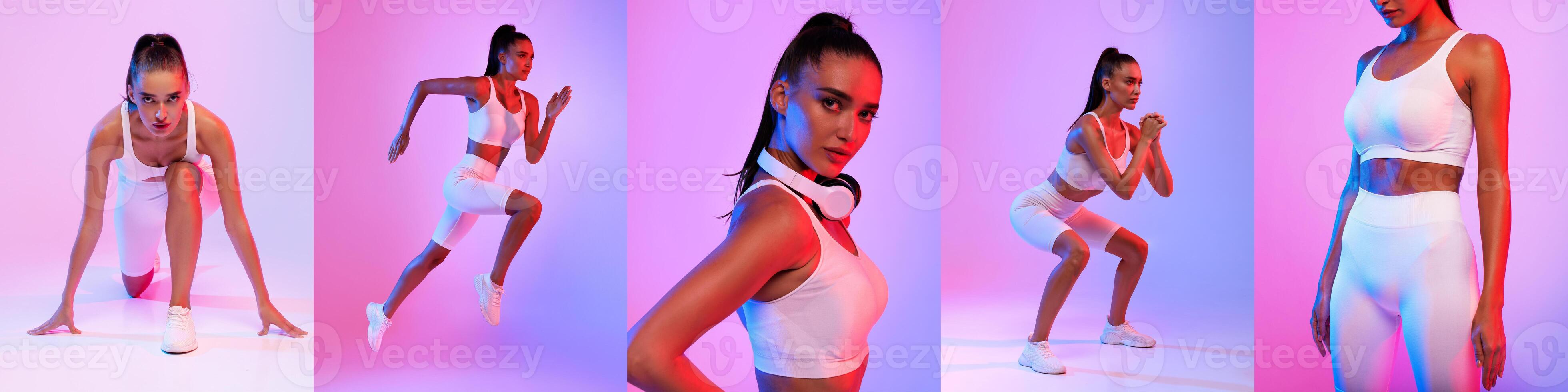 A fitness model engages in various athletic movements, showcasing strength and agility in a vibrant, colorful gym environment with dynamic lighting. photo
