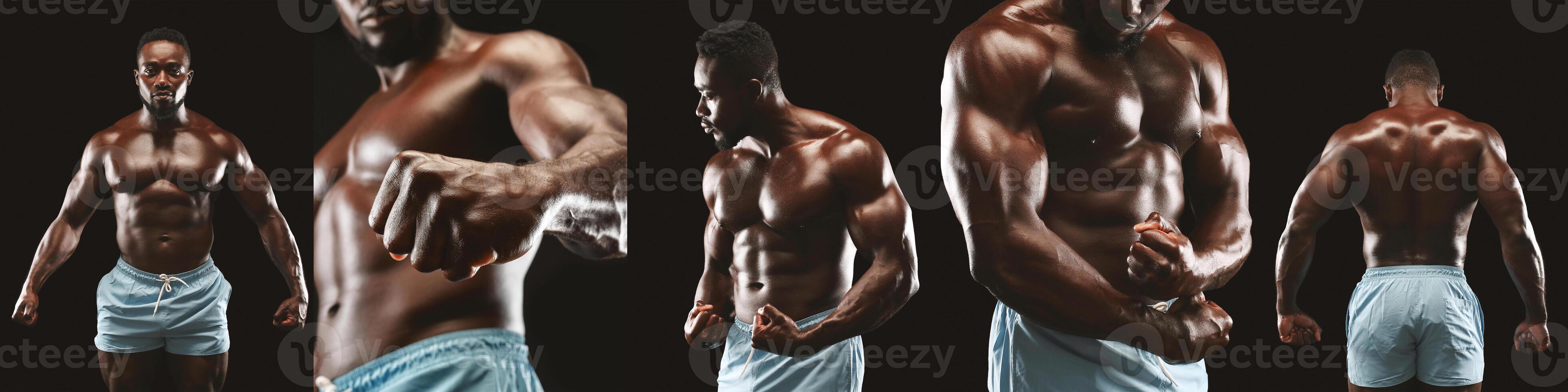 A muscular African American athlete stands confidently, displaying their well-defined physique with powerful poses. The dramatic studio lighting highlights their strength and dedication to fitness. photo