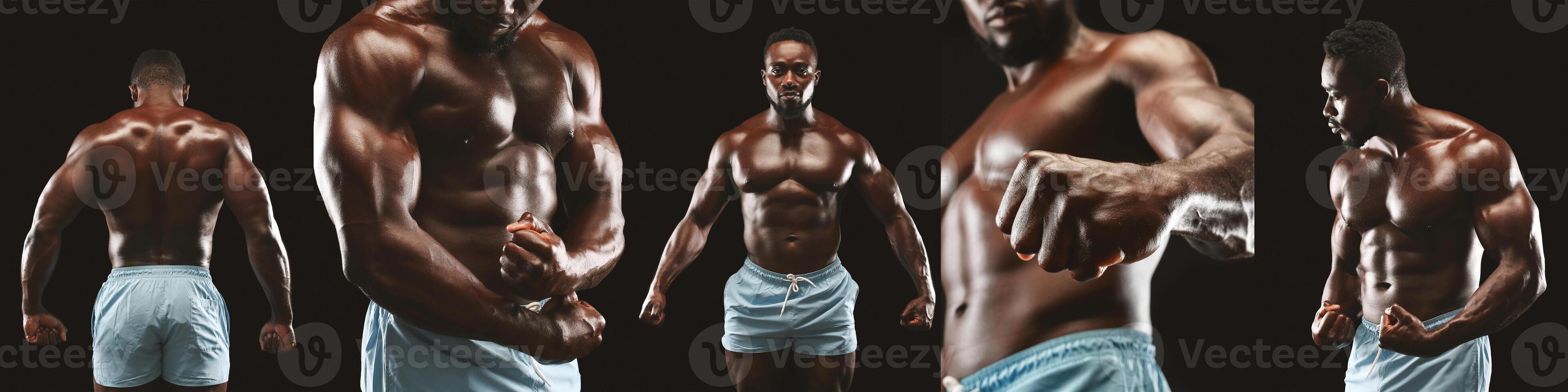 A muscular athlete poses confidently, displaying impressive physique and strength in a well-lit studio. The focus is on his defined muscles and intensity during the shoot. photo