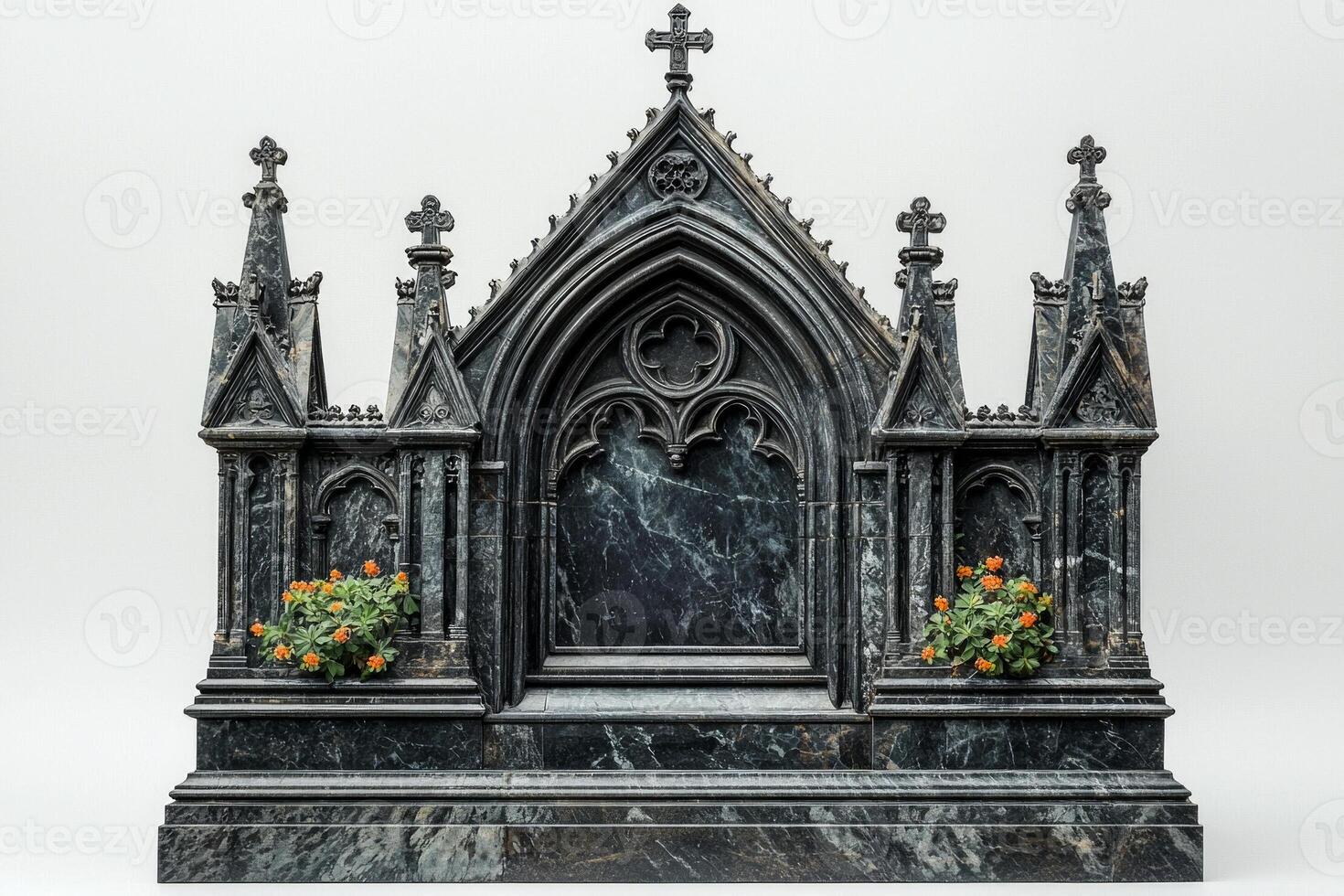 striking gothic style headstone features polished granite ornate details typical gothic architecture standing solemnly vibrant flowers its base. photo